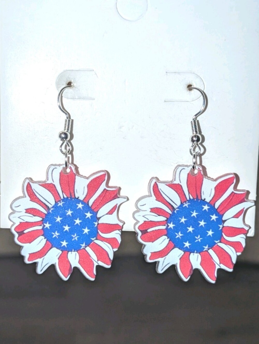 Hand Crafted Patriotic Sunflower Dangle Earrings - Red White Blue